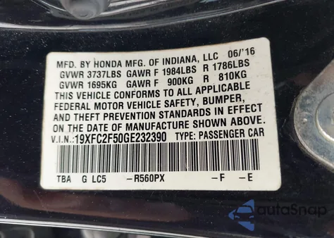 2016 Honda Civic Lx from USA, damaged, VIN 19XFC2F50GE232390